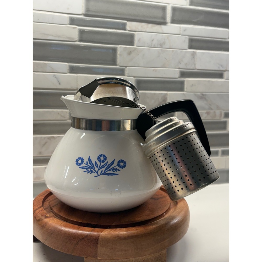 VintageCorning Ware Blue Cornflower 6 Cup Teapot with Metal Infuser Basket